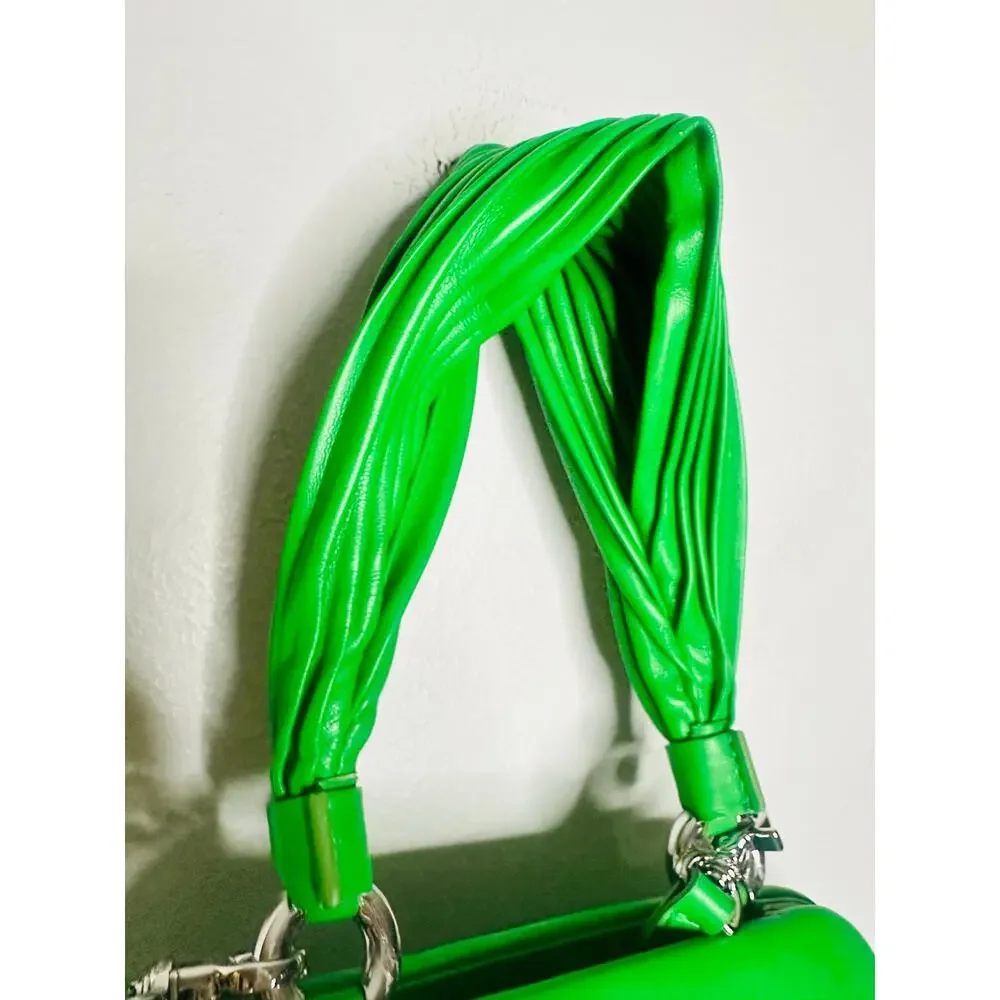 THEMOIRé Green Leather Magnetic Closure Puffy Trim Tia Plissa Bag Purse